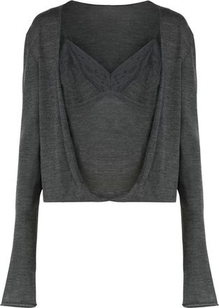 Alberta Ferretti Wollen trui met kanten inzetstukken - Dames - V-hals truien - Grijs - M - Wol - Truien & Vesten