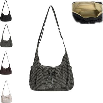 Generic Korean Style Plaid Casual Shoulder Bag,Womens Korean-Style Plaid Nylon Shoulder Bag,Large Capacity Stylish Plaid Tote Bag,Cotton Quilted Fabric with A