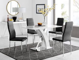 Furniturebox Atlanta White High Gloss & Chrome 4 Seater Dining Table with X Shaped Legs & 4 Soft Velvet Milan Chairs in Black
