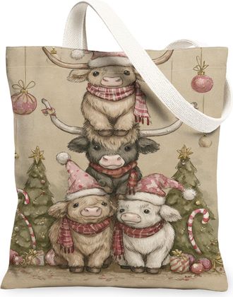 Generic Christmas Animals Canvas Tote Bags, Festive Farm Animal Pattern Reusable Bags, Winter Rustic Lightweight Washable Shoulder, Beige, 13x15 Inch
