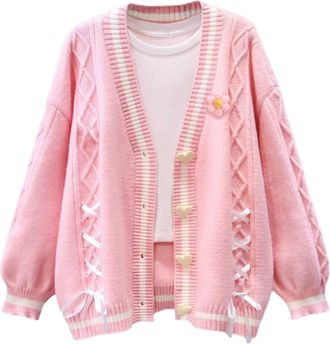 Generic Womens Cute Sweet Cardigan Sweater Love Button Long Sleeve V-Neck Bowknot Knitted Outerwear (Pink,One Size)