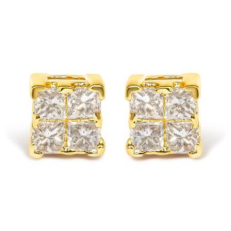 House of Brilliance 14K Yellow Gold 1/4 Cttw Invisible Set Princess-Cut Diamond Square Stud Earring