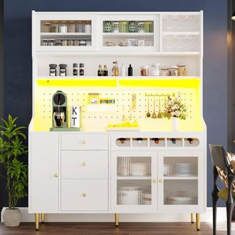 Merax Kitchen Dresser with LED Lighting & Wine Rack in White