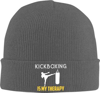 Generic Cuffed Hats Kickboxing is My Therapy Knitted Beanie Classic Thermal Ski Hat for Toboggan Outdoor Sport