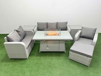 Fimous Patio PE Wicker 7 Seater Outdoor Rattan Furniture Sofa Sets w/ Firepit Dining Table Reclining Chair Loveseat Sofa 3 Seater Sofa Big Footstool