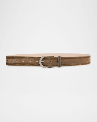 Brunello Cucinelli Wes Textured Suede Belt with Monili Trim