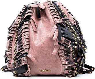 Prada Pre-owned Prada Craquele Leather Embellished Fringe Bucket Bag M7HMXJO90B4A9ED1