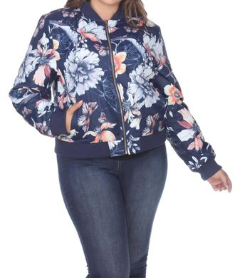 White Mark Floral Bomber Jacket - Plus Size In Navy