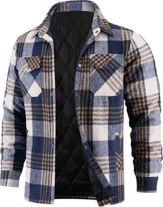 Generic Mens Plaid Fleece Quilted Jackets Flannel Padded Puffer Shirt Loose Casual Tops Checked Lumberjack Winter Warm Thicken Coats with Pockets Long Sleeve 