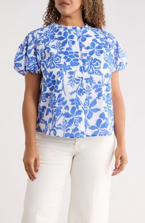 Sugarlips Shia Floral Avy Cotton Button-Up Top in White Blue at Nordstrom, Size 1X