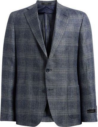 Vince Icon Relaxed Fit Navy Plaid Slub Linen & Wool Sport Coat in Denim at Nordstrom, Size 38 Regular