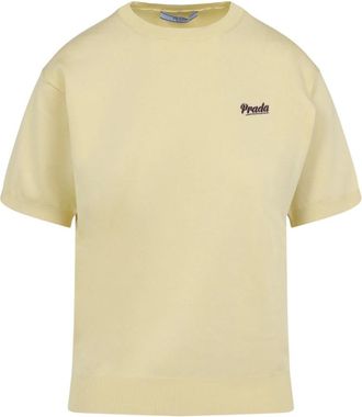 Prada T-Shirts, female, Yellow, Size: XS Silk Crewneck Sweater