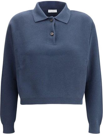 Brunello Cucinelli Brunello Cucinelli Womens Cropped Ribbed Knit Polo Sweater - Dark Grey Cotton - Size X-Large