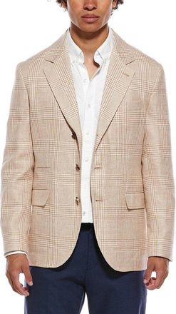 Brunello Cucinelli Papaya Linen Wool Check Blazer, Brand Size 56 (US Size 46)