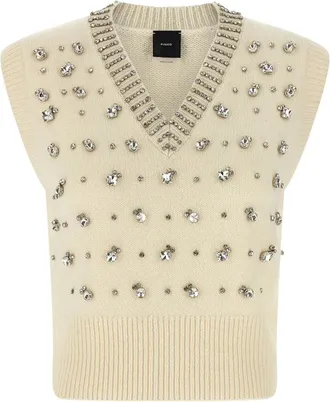 Pinko White Sleeveless V-Neck Wool-Blend Blouse
