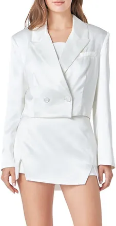 endless rose Double Breasted Crop Satin Blazer in White at Nordstrom, Size X-Small