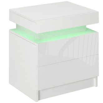 OEM Mesita De Noche Blanca Con Luz Led Mesilla De Noche Frontal De Alto Brillo Con 2 Cajones Y Mando A Distancia 45x35x52 Cm