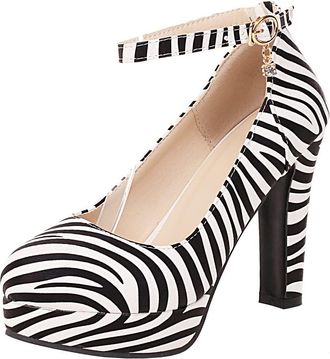 Agodor Womens Ankle Strap Block High Heel Court Shoes Animal Print Platform Pumps (UK 6.5, Zebra)