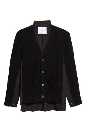 sacai Mixed Media Wool Cable & Poplin Shirt Cardigan in Black/Dark Black at Nordstrom, Size 3