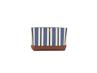 Lauren Ralph Lauren Striped Canvas Leather Large Pouch Satchel Womens Handbags Carson Blue Strpe/Lauren Tan, Full Grain leather