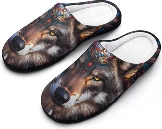 Generic Native Am-erican Wolf Mens Slippers Comfortable And Non-slip Cotton Slipper Shoe for House