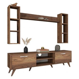 Dmora Pared Modulada Visso, Mueble De Sala, 9 Estantes, 2 Puertas, Color Nogal Marr&oacute;n