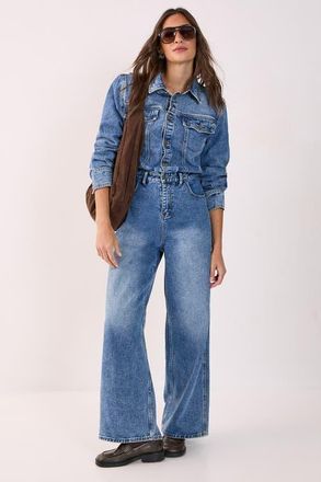 NASTY GAL Denim Shoulder Pad Boilersuit in Stonewash at Nordstrom, Size 10