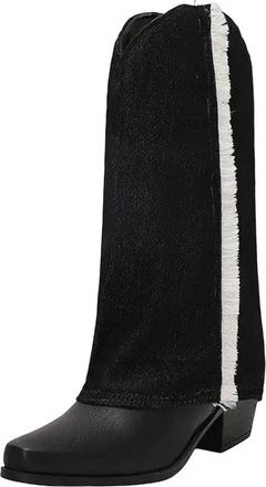 Generic Womens Western Mid Calf Boots Square Toe High Block Heel Slip On Design With A Stylish Color Block Pattern