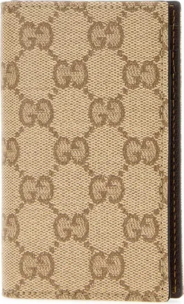 Gucci Mens Card Case Beige Cotton Linen Polyurethane Wallet