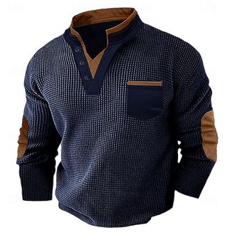 Generic Mens Waffle Ribbed Casual Vintage Sweatshirt Mock Collar V-Neck Thermal Long Sleeve Patched Elbow Shoulder Soft Jumpers Standing Collar Pullover Work 