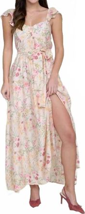 Blu Pepper Floral Waist Tie Front Slit Sleeveless Midi Dress In Light Peach Multi
