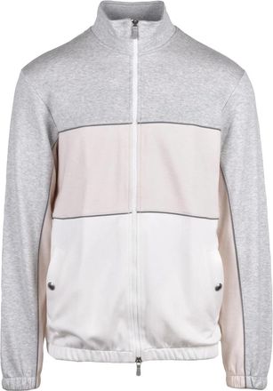 Eleventy Grey/Beige Color-Block Stand Collar Cotton Zip Sweatshirt