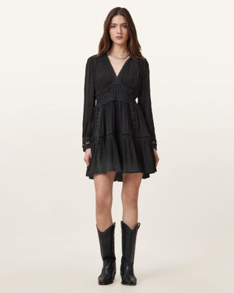 AllSaints Viscose Xanthe Lace-Trimmed Mini Dress, Size: UK 10/US 6