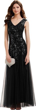 Ever-pretty Womens Sequin Evening Gown with Sleeveless V-Neck Tulle Dress for Formal Wedding Guest Party Dresses Black 14