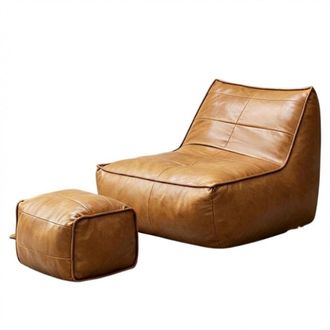 Urban Meuble Sill&oacute;n vintage con reposapi&eacute;s a juego, tela efecto cuero marr&oacute;n