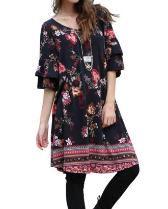 Angie Floral Double Ruffle Sleeve Dress In Black