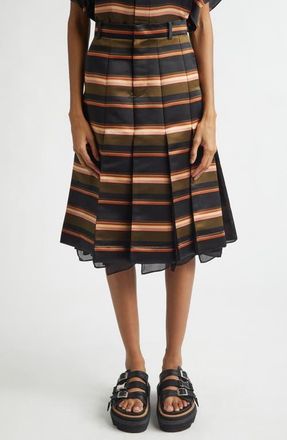 sacai Pleated Horizontal Stripe Skirt in Khaki/Pink at Nordstrom, Size 4