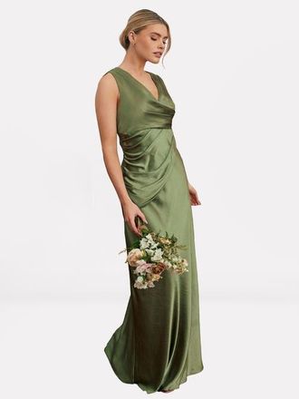 Six Stories Plunge Drape Satin Bridesmaid Dress in Moss Green at Nordstrom, Size 14