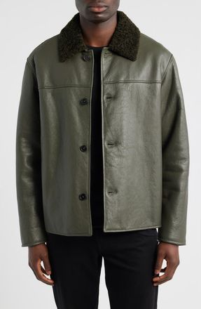 Frame Denim Leather Barn Jacket with Genuine Shearling Collar in Dark Olive at Nordstrom, Size X-Large