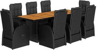 vidaXL 9 Piece Garden Dining Set with Cushions Black Poly Rattan Vidaxl