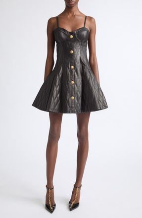 Balmain Quilted Leather Corset Minidress in 0Pa Black at Nordstrom, Size 38