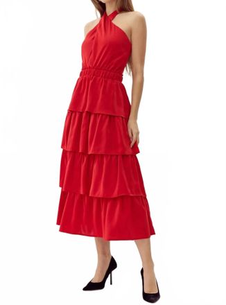Adelyn Rae Eleanor Halter Tiered Midi Dress In Crimson Red