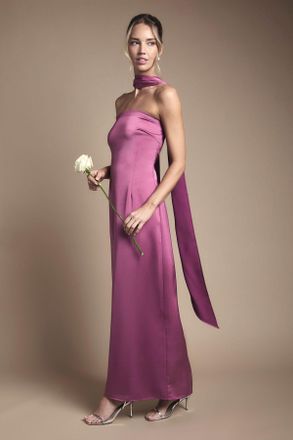 Oasis Womens Bandeau Satin Bridesmaid Maxi Dress With Scarf - Pink - Size 16 UK