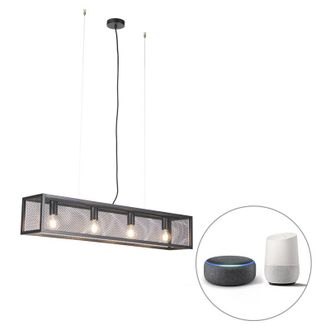 QAZQA Qazqa - Smart Industrial Pendant Light Black Incl. 4 WiFi A60 - Cage Wire