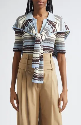 Monse Stripe Jacquard Polo Sweater with Shoulder Wrap in Blue Multi at Nordstrom, Size Large