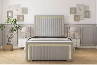 Sloomy Boston Gold Plush Bed Frame With 50 Upholstered Headboard in Silver | Size: Small Single