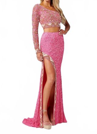 Rachel Allan Appealing Textured Sequins 2-Piece Set Gown In Fuchsia