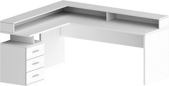 Dmora Scrivania Leonilda, Scrittoio angolare con sopralzo, Scrivania ufficio multiuso, 180x90h160 cm, Bianco - Dmora