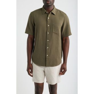 Nordstrom Duo Gauze Short Sleeve Cotton Button-Up Shirt in Olive Tundra at Nordstrom, Size Xxx-Large