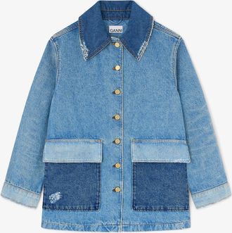 Ganni Blue Jacket in Patchwork Denim - Size XXS/XS Organic Cotton